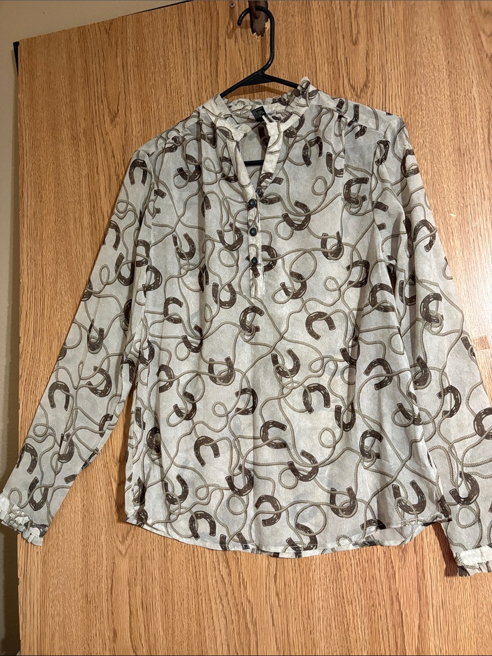 Tasha Polizzi Light Gray Long-Sleeve Shirt with Brown Horseshoe Print